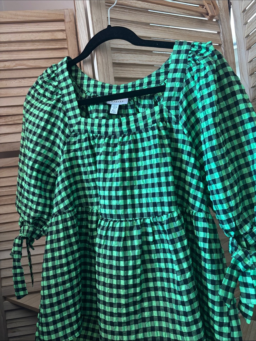 Topshop Neon Green and Black Gingham Seersucker Puff-Sleeve Top 6